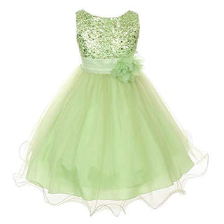 Kid's Dream Girl's Sequin Double Mesh Flower Dress - Lime Green