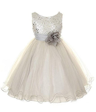 Kid's Dream Girl's Sequin Double Mesh Flower Dress - Silver