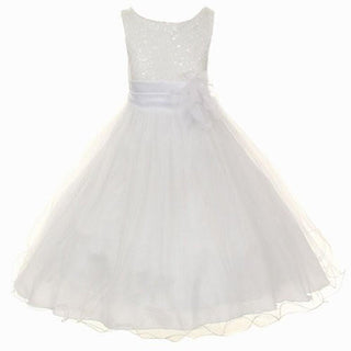 Kid's Dream Girl's Sequin Double Mesh Flower Dress - White