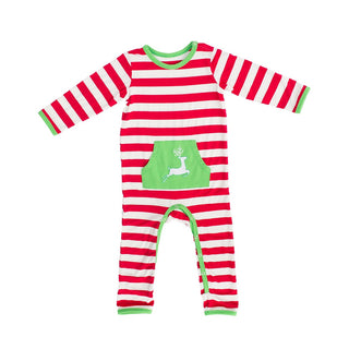 Kozi and Co Coverall Romper - Reindeer Red and White Christmas Stripe