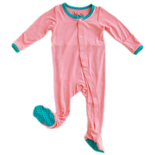 Kozi and Co Girls Bamboo Footie Sleeper - Coral with Teal Trim