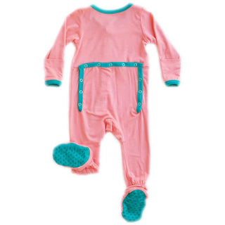 Kozi and Co Girls Bamboo Footie Sleeper - Coral with Teal Trim