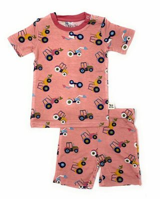Kozi and Co Short Sleeve Pajama Sets with Shorts - Pink Tractors