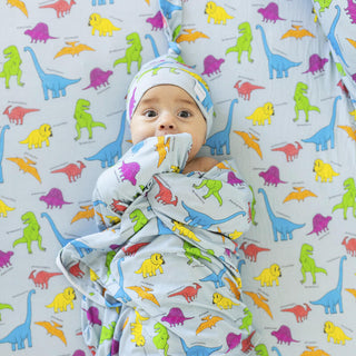 Macaron and Me Baby Swaddle Blanket, Neon Dinos - One Size