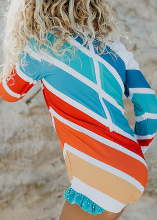 Oopsie Daisy Girl's Zip Rash Guard One Piece Swimsuit - Blue Stripe Rainbow