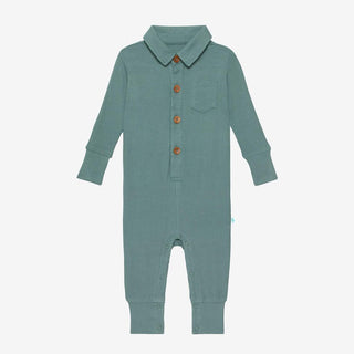 Posh Peanut Boys Long Sleeve Collared Henley Romper - Arctic Waffle