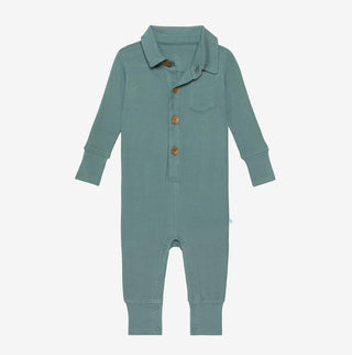 Posh Peanut Boys Long Sleeve Collared Henley Romper - Arctic Waffle