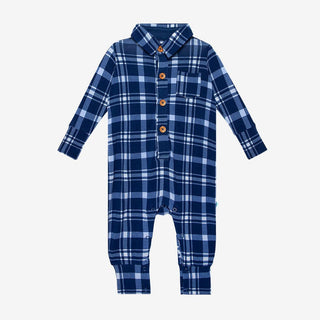 Boy's Long Sleeve Collared Henley Romper - Owen (Plaid) Posh Peanut Size: 0-3 Months