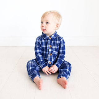 Boy's Long Sleeve Collared Henley Romper - Owen (Plaid) Posh Peanut Size: 0-3 Months