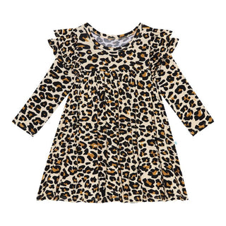 Posh Peanut Girl's 3/4 Sleeve Flutter Dress - Lana Leopard