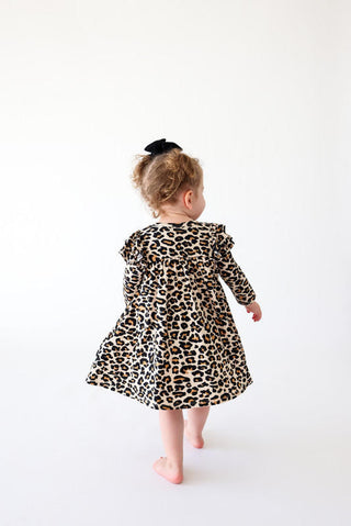 Posh Peanut Girl's 3/4 Sleeve Flutter Dress - Lana Leopard