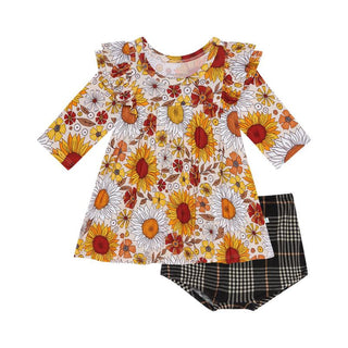Posh Peanut Girl's Bamboo 3/4 Sleeve Flutter Dress & Bloomer Outfit Set - Goldie (Floral)