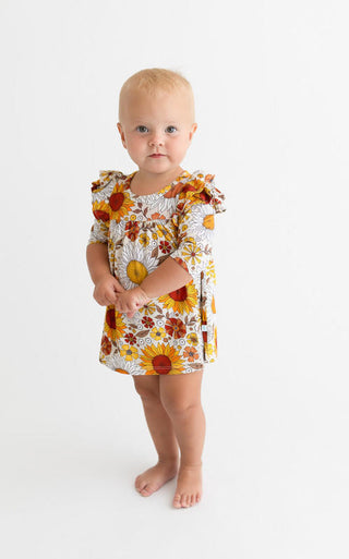 Posh Peanut Girl's Bamboo 3/4 Sleeve Flutter Dress & Bloomer Outfit Set - Goldie (Floral)