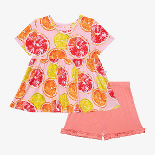 Girl's Bamboo Basic Short Sleeve Peplum Top & Ruffled Short - Citrine (Citrus Fruits) Baby & Toddler Outfits