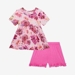 Posh Peanut Girls Basic Short Sleeve Peplum Top and Ruffled Short Outfit Set - Amira Floral