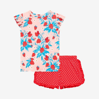 Posh Peanut Girls Cap Sleeve T-Shirt and Ruffled Varsity Short Set - Strawberry