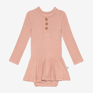 Posh Peanut Girls Long Sleeve Henley Twirl Skirt Bodysuit - Desert Rose Waffle