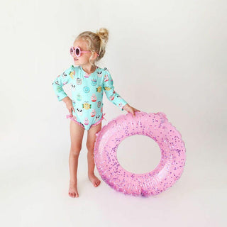 Posh Peanut Girls Long Sleeve Ruffled Rash Guard Swimsuit - Donuts
