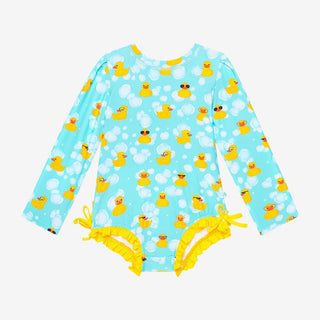 Posh Peanut Girls Long Sleeve Ruffled Rash Guard Swimsuit - Ducky Ducks