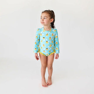 Posh Peanut Girls Long Sleeve Ruffled Rash Guard Swimsuit - Ducky Ducks