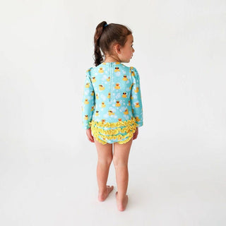 Posh Peanut Girls Long Sleeve Ruffled Rash Guard Swimsuit - Ducky Ducks