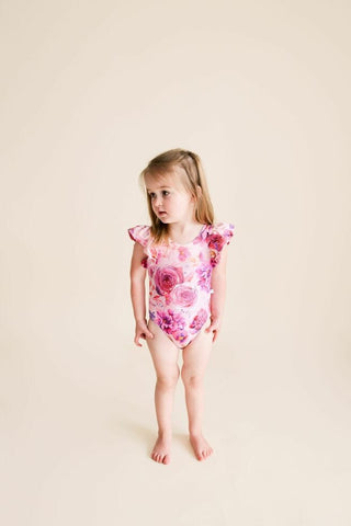 Girl's One Piece Basic Ruffled Cap Sleeve Swimsuit - Amira (Floral) Baby & Toddler Swimwear