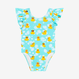 Posh Peanut Girls One Piece Basic Ruffled Cap Sleeve Swimsuit - Ducky Ducks