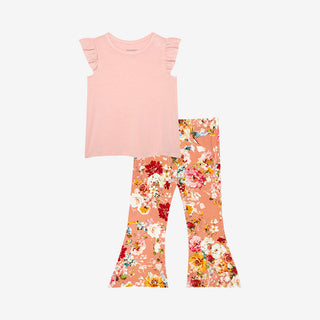Posh Peanut Girl's Ruffled Cap Sleeve T-Shirt and Bell Bottom Pants Outfit Set - Celia (Floral)