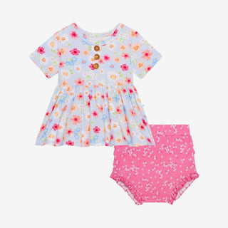 Posh Peanut Girls Short Sleeve Henley Peplum Top and Bloomer Outfit Set - Carissa Floral