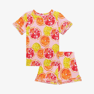 Girl's Short Sleeve Micro Ruffled T-Shirt & Micro Ruffled Shorts Pajama Set - Citrine (Citrus Fruits) Baby & Toddler Sleepwear