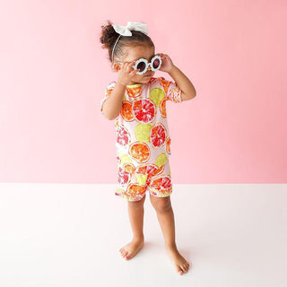 Girl's Short Sleeve Micro Ruffled T-Shirt & Micro Ruffled Shorts Pajama Set - Citrine (Citrus Fruits) Baby & Toddler Sleepwear