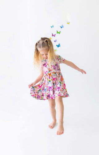 Posh Peanut Girl's Short Sleeve Ruffled Twirl Dress - Watercolor Butterfly
