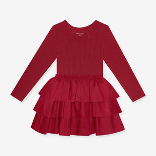 Posh Peanut Girl's Solid Bamboo Long Sleeve Tulle Dress - Ribbed Dark Red
