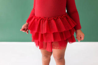 Posh Peanut Girl's Solid Bamboo Long Sleeve Tulle Skirt Bodysuit - Ribbed Dark Red