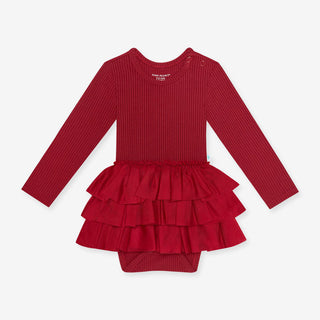 Posh Peanut Girl's Solid Bamboo Long Sleeve Tulle Skirt Bodysuit - Ribbed Dark Red