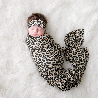 Posh Peanut Infant Swaddle and Headwrap Set - Lana Leopard Tan