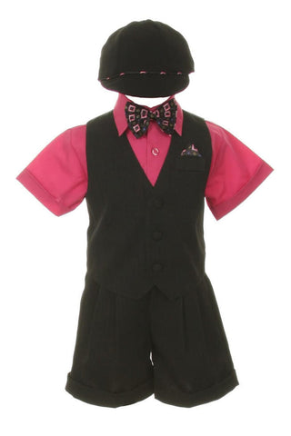 Shannon Kids Boy's Suit Outfit Set with Shorts & Bowtie - Black & Fuchsia