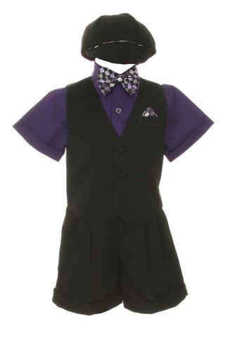 Shannon Kids Boy's Suit Outfit Set with Shorts & Bowtie - Black & Purple