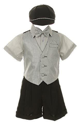 Shannon Kids Boy's Suit Outfit Set with Shorts & Bowtie - Grey, Silver & Black