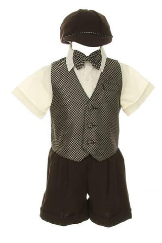Shannon Kids Boy's Suit Outfit Set with Shorts & Bowtie - Taupe, White & Black