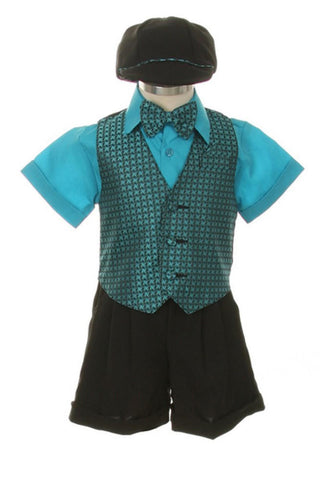 Shannon Kids Boy's Suit Outfit Set with Shorts & Bowtie - Turquoise Checks