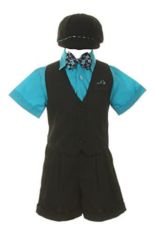 Shannon Kids Boy's Suit Outfit Set with Shorts & Bowtie - Black & Turquoise