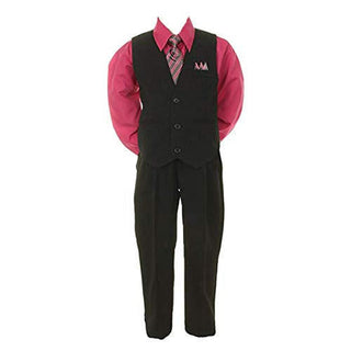 Shannon Kids Boy's Suit Outfit Set with Tie - Black & Fuchsia