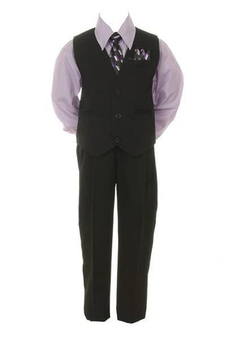 Shannon Kids Boy's Suit Outfit Set with Tie - Black & Lilac