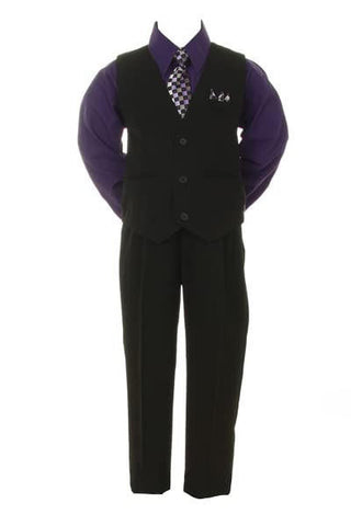Shannon Kids Boy's Suit Outfit Set with Tie - Black & Purple