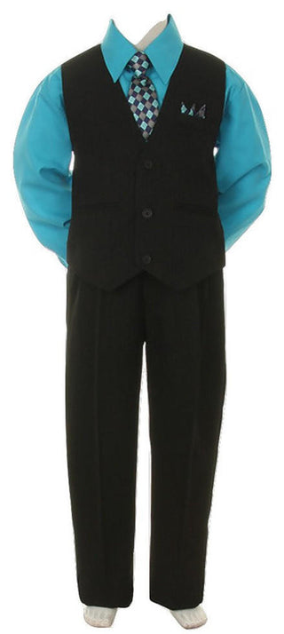 Shannon Kids Boy's Suit Outfit Set with Tie - Black & Turquoise