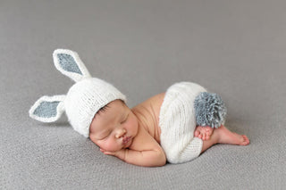 The Blueberry Hill Boys Bailey Bunny Hand Knit Newborn Outfit Set - White and Grey