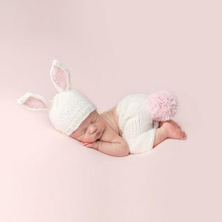 The Blueberry Hill Girls Bailey Bunny Hand Knit Newborn Outfit Set - White and Pink
