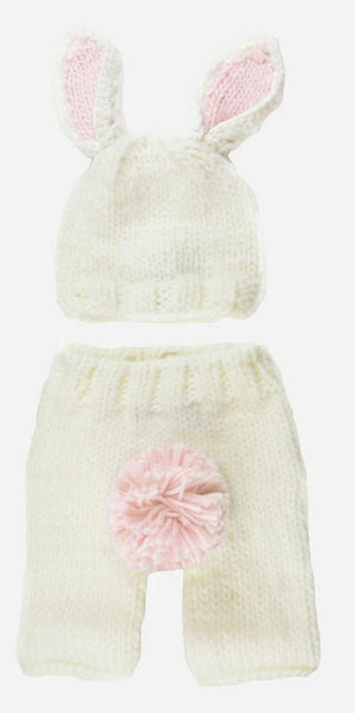 The Blueberry Hill Girls Bailey Bunny Hand Knit Newborn Outfit Set - White and Pink