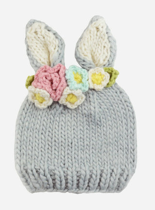 The Blueberry Hill Girls Bailey Bunny with Flowers Hand Knit Hat - Grey and White